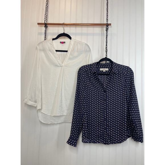 LOFT & Vince Camuto White V-Neck Blouse & Navy Button-Down Shirt Bundle Size S - Picture 1 of 11
